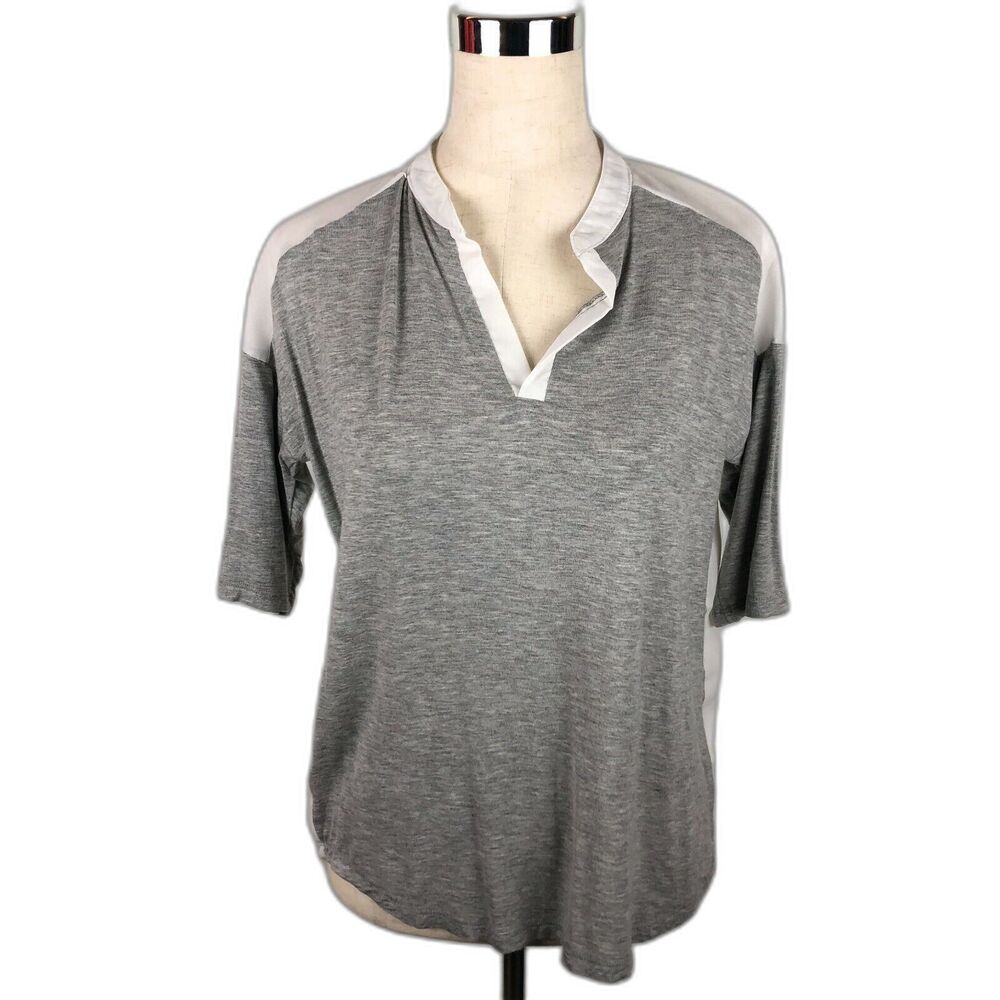 Olive & Oak Gray Front White Sheer Back Short Sleeve Blouse Top Women's Small